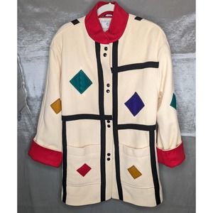 Vtg 80s International Scene Size 12 Wool Coat Geometric Colorful Statement